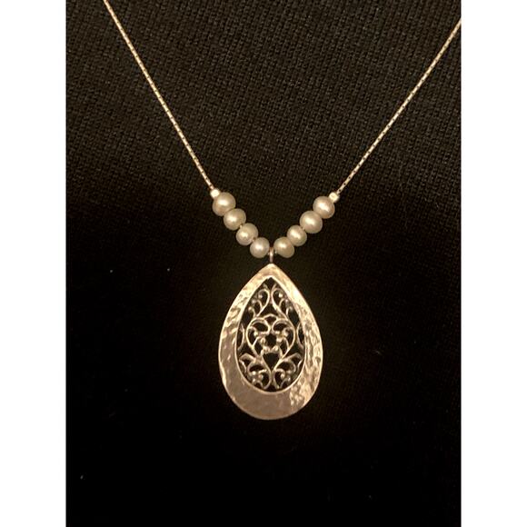 PAZ Sterling Silver & Freshwater Pearl Hammered & Scrolling Necklace in Israel - Picture 1 of 12